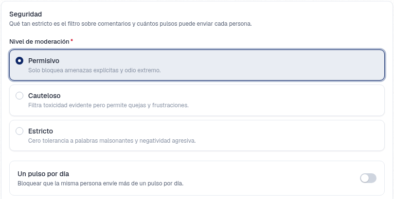 Ajustes, Configuración: sección Seguridad con los niveles de moderación Permisivo, Cauteloso y Estricto