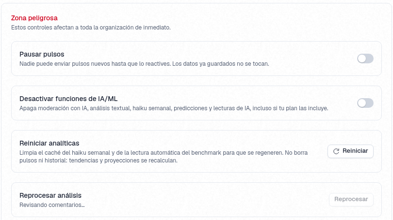 Zona peligrosa: Pausar pulsos, Desactivar funciones de IA/ML, Reiniciar analíticas y Reprocesar análisis