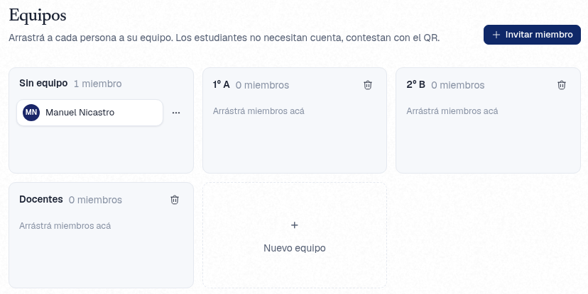 Tablero de equipos con Manuel Nicastro en la columna Sin equipo