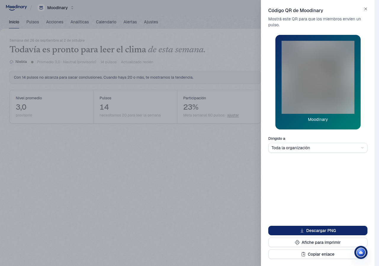 Panel Código QR: el código con los colores de Moodinary, el selector Dirigido a y los botones Descargar PNG, Afiche para imprimir y Copiar enlace