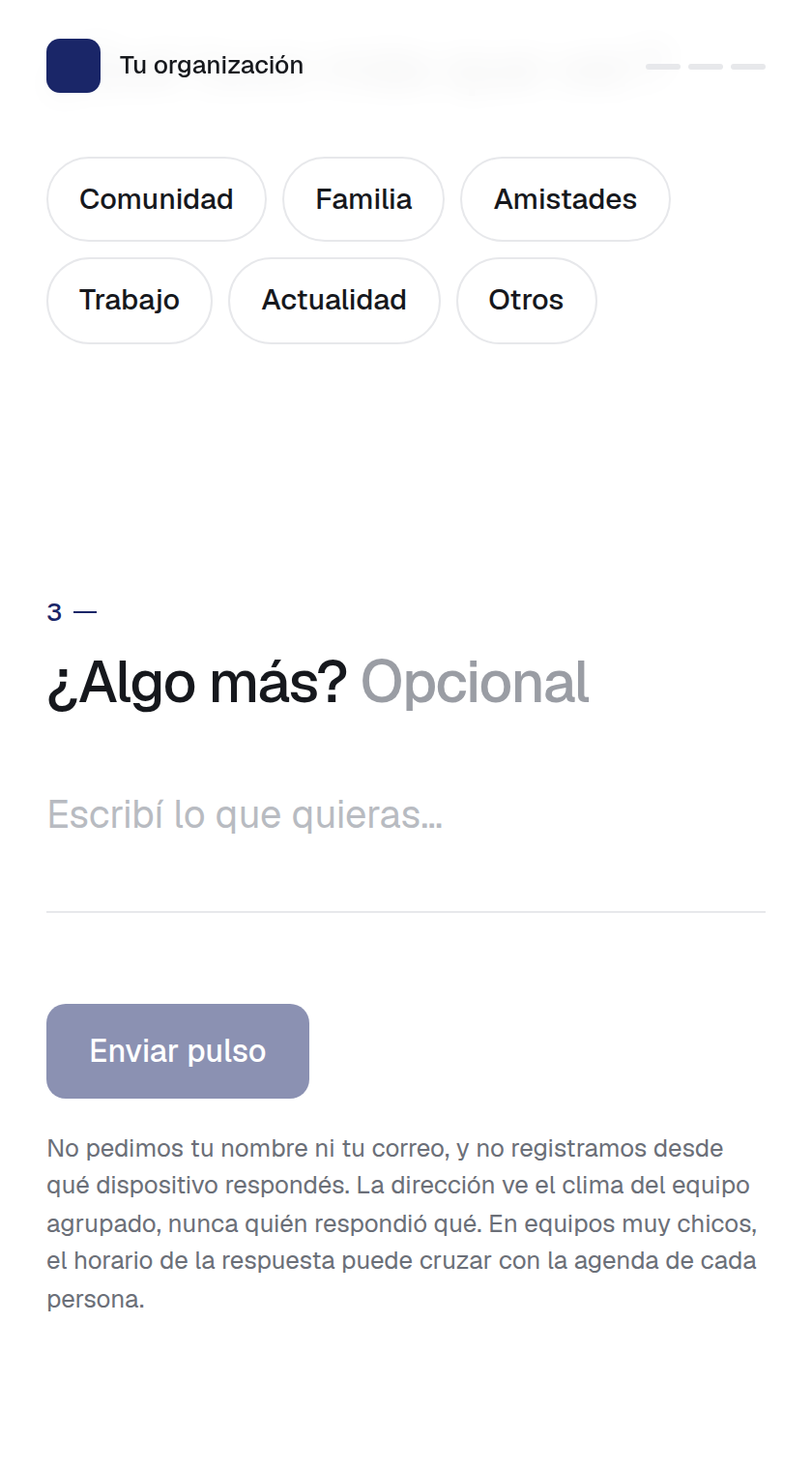 Formulario de pulso: motivos, comentario opcional y botón Enviar pulso