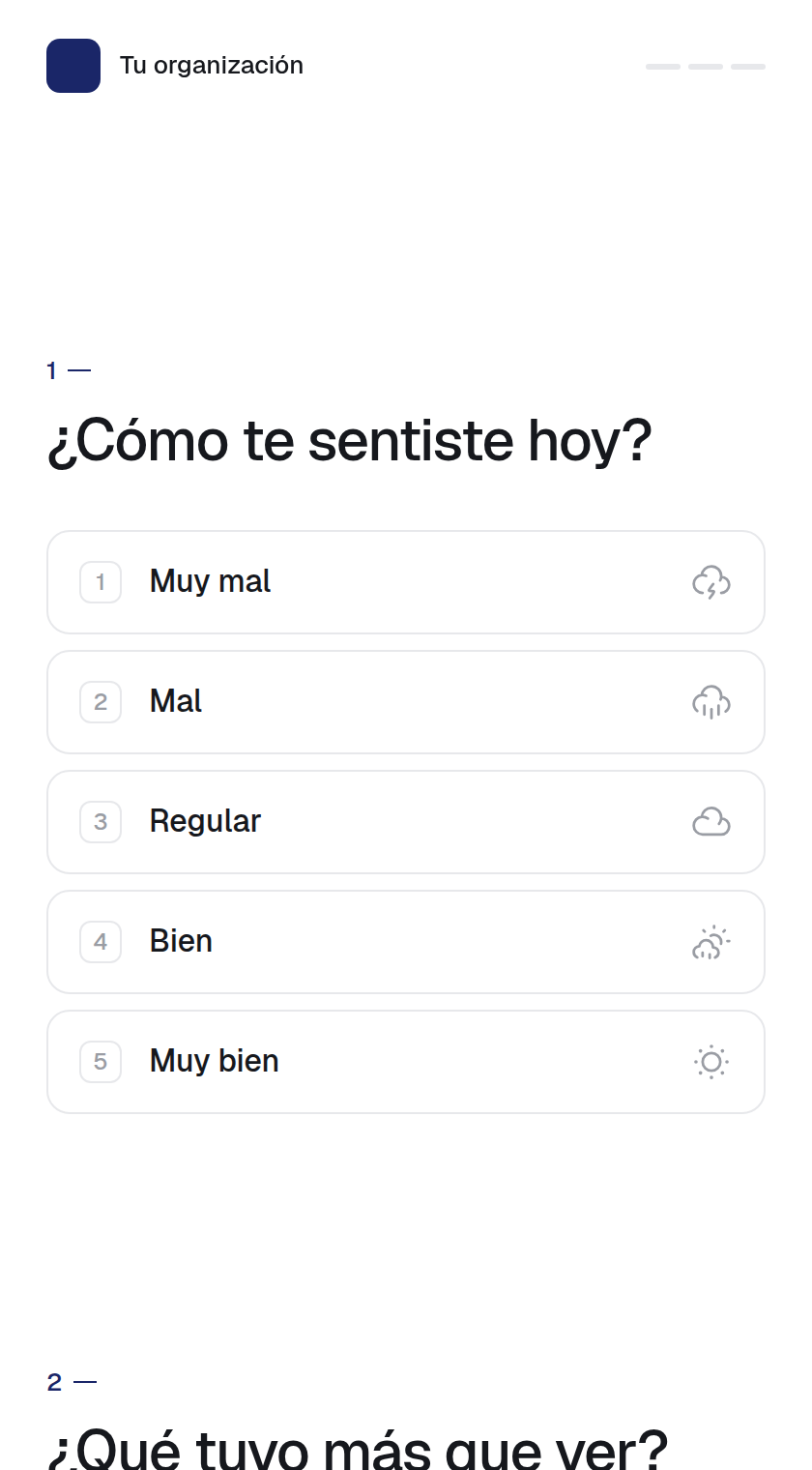 Formulario de pulso: pregunta ¿Cómo te sentiste hoy? con cinco opciones, de Muy mal a Muy bien